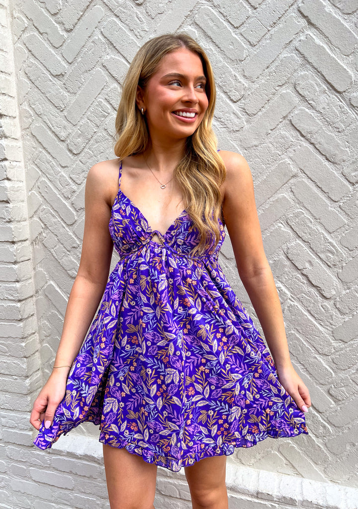 Purple Floral Print Mini Dress