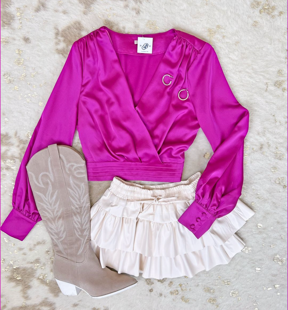 pink satin blouse with with tiered skirt, cute party outfits